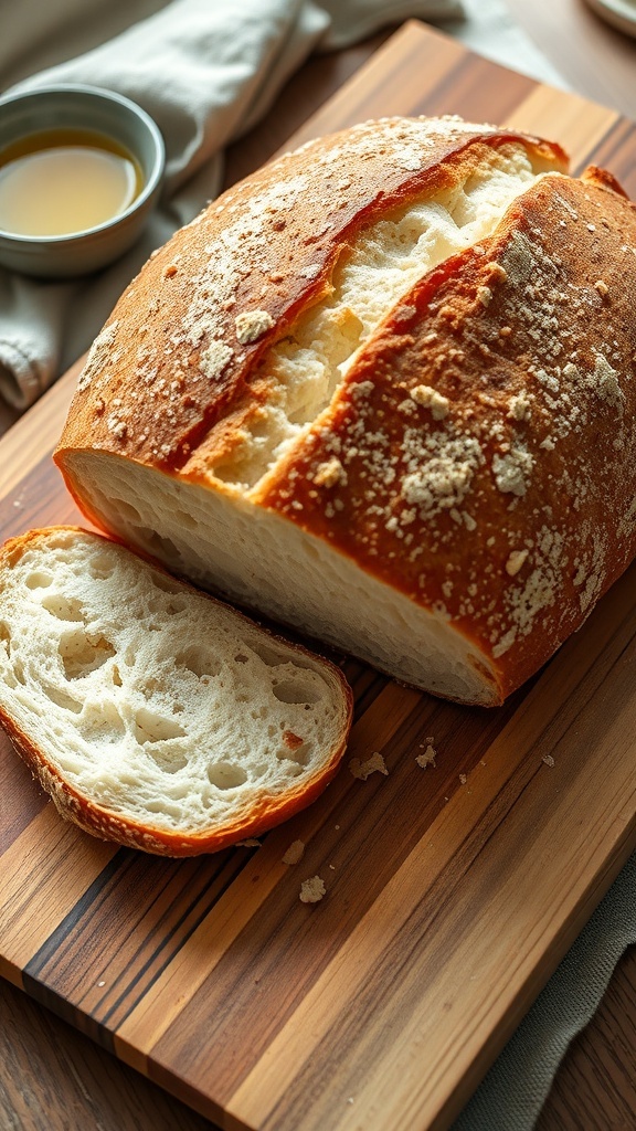 A loaf of crusty bread with a golden crust, sliced to show the soft inside, on a wooden board.